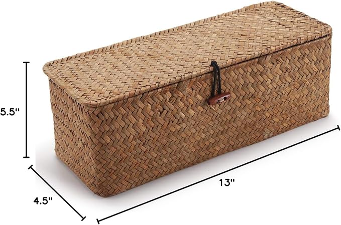 DOKOT Seagrass Woven Storage Basket with Lid, Rectangular Narrow Tampon Toilet Tank Organizer