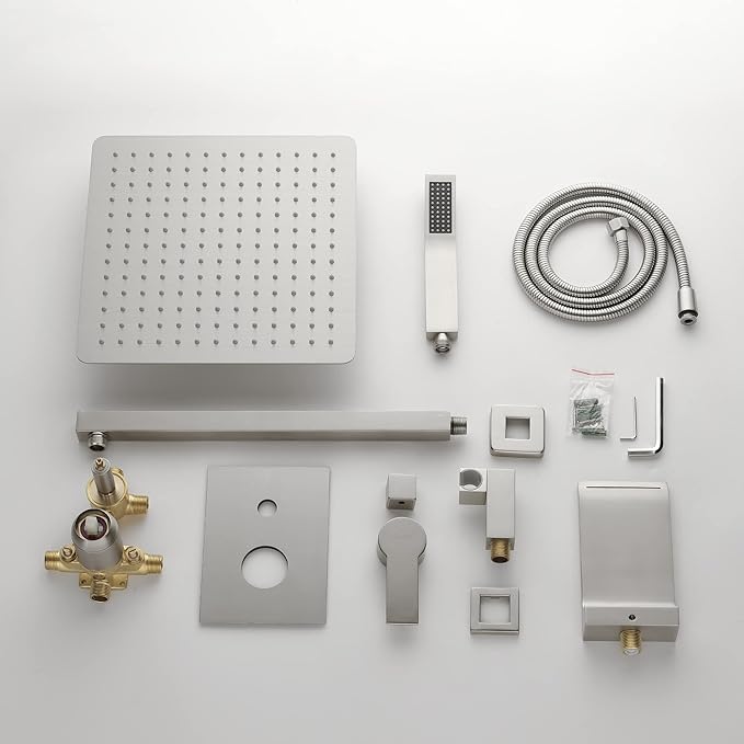 SHAMANDA Shower System with Waterfall Tub Spout and Handheld Shower Head, 12" Rain Shower Faucet Sets Complete with Shower Round-in Valve and Trim Wall Mount, Brushed Nickel, L101-2