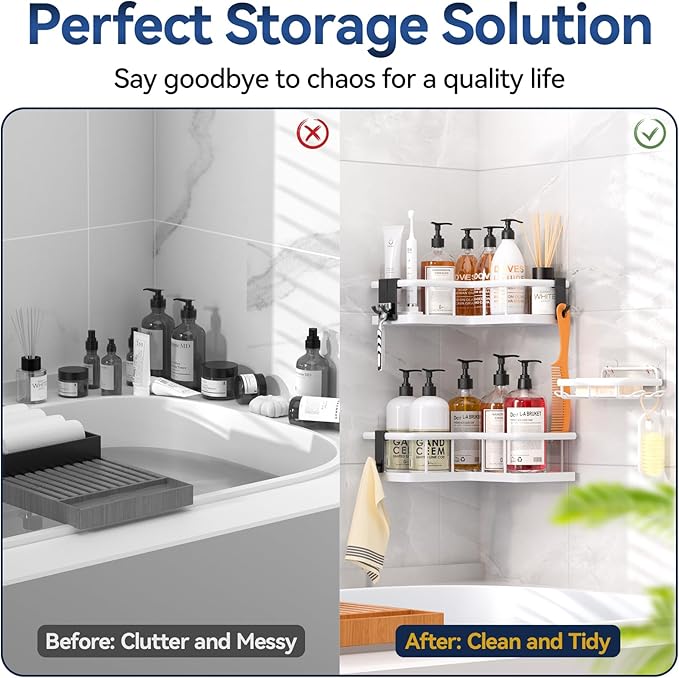 YASONIC Shower Caddy Corner, 3-Pack Adhesive Rustproof Stainless Steel Shower Shelves with Soap Holder, No Drilling Shower Organizer Corner for Dorm, Renters Bathroom, White