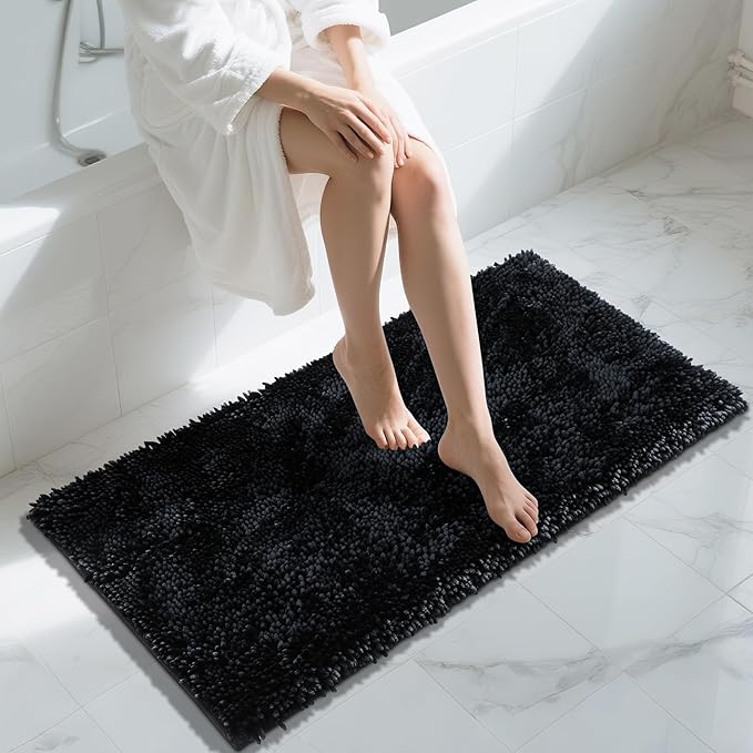 Yimobra Long Bathroom Rug Non Slip 44x24 Inch, Extra Thick Soft Absorbent Chenille Bath Mat, Machine Washable Quick Dry Bath Rugs for Bathroom Floor, Tub and Shower, Home Decor Accessories, Black
