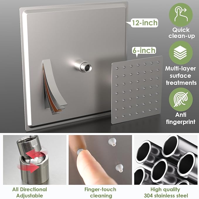 Enga Thermostatic Dual Shower System, 12"+6" Wall Mount Dual Rain Shower Faucet, All Functions Use Together & Volume Adjustable, Brushed Nickel