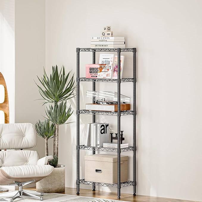 450 lbs Storage Shelves 5 Tier Shelving Units for Storage, Steel Organizer Wire Rack, Adjustable Height, Wire Shelving Unit for Bathroom Kitchen Closet, Black 11.8" D x 21.7" W x 58.3" H