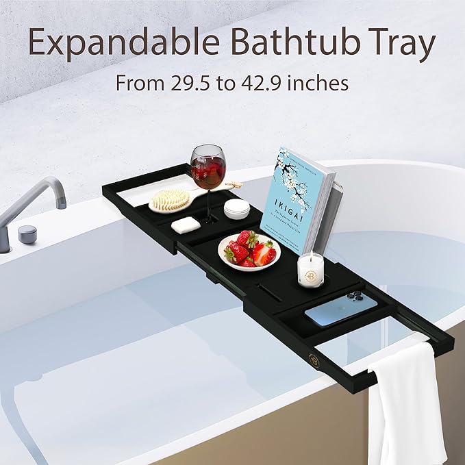 Wooden Bathtub Tray - Foldable & Expandable Bamboo Bath Tray for Tub with Wine Holder, Book & Tablet Stand - Bath Caddy Tray for Bathtub, Spa Bath Accessories, Tub Tray Table, (Black)