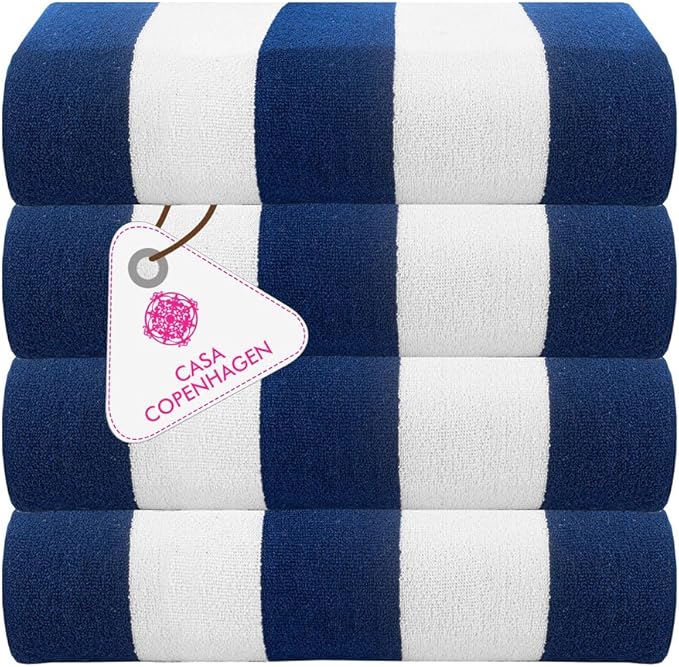 CASA COPENHAGEN Cabana Towel Designed in Denmark Rough and Tough, Quick Dry, Beach, Pool, Bath & Shower 30x60 inches 4 Pieces Cotton Beach Bath Towels Set - Royal Blue