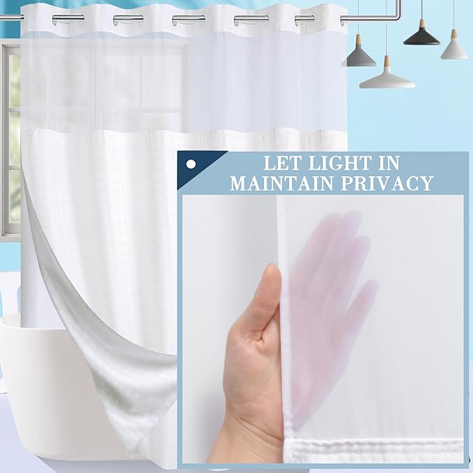 Conbo Mio Extra Wide No Hook Shower Curtain with Snap in Liner Set, 108" x 74" Hotel Luxury White Fabric Shower Curtains for Bathroom with See Through Top Window, Washable, Waterproof 108W x 74H