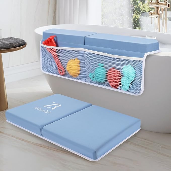 Bath Kneeler and Elbow Rest Pad Set - 2 inch Comfortable Thick Baby Bath Kneeler Pads, with Toy Organizer Pockets - Quick Drying, Foldable, Non-Slip for Baby and Toddler Bathing (Blue)