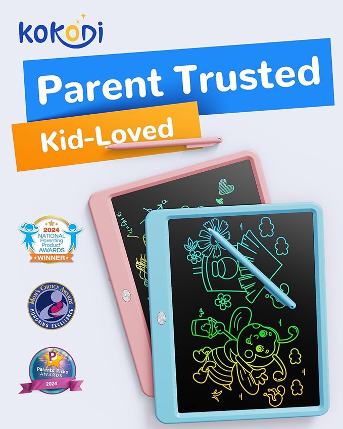 KOKODI LCD Writing Tablet, 12 Inch Colorful Toddler Doodle Board Drawing Tablet, Erasable Reusable Electronic Drawing Pads, Educational and Learning Toy for 3-6 Years Old Boy and Girls(Blue)