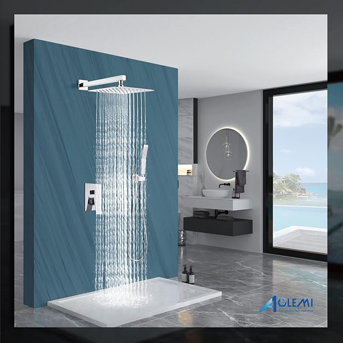 Aolemi Shower Faucet Set Rain Shower System with Handheld Spray Bathroom Shower Combo Rough-in Valve and Shower Trim Kit Included Polish Chrome 12 Inch Wall Mount Shower Head