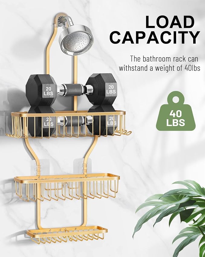 Shower Caddy Hanging - Never Rust Shower Hanging Organizer - Aluminum Over the ShowerHead Caddy with Soap Basket and 6 Razor/Sponge Hooks (Gold)