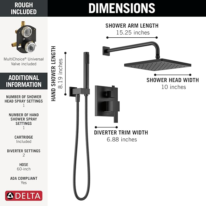 Delta Modern 14 Series Square Rain Shower System Faucet Set, Rainfall Matte Black Shower Head and Handle Set, Valve Trim Kit, 10 Inch, Matte Black 342701-BL