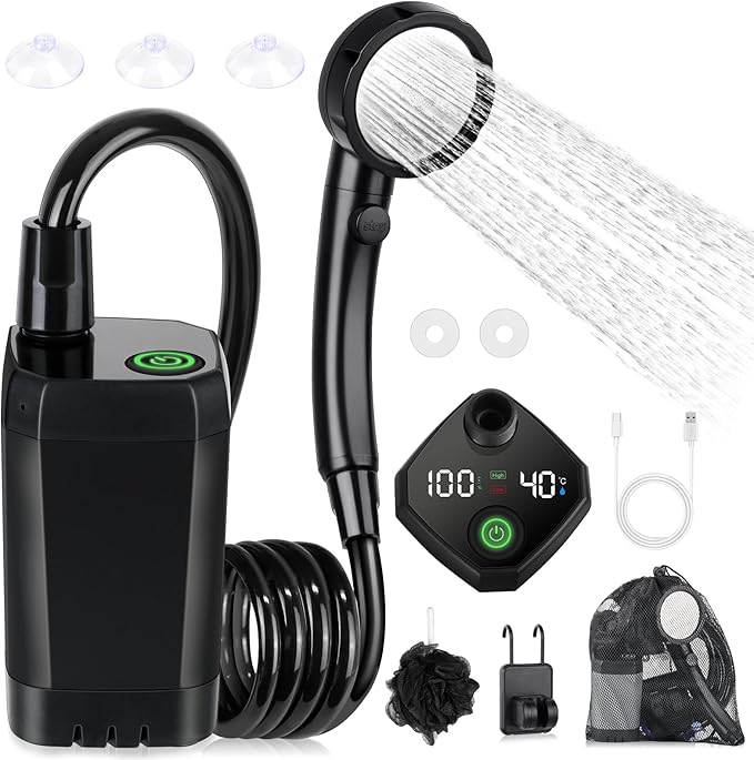 Portable Shower for Camping, [Long-Lasting] Spopal 6000mAh Rechargeable Camping Shower with Intelligent LED Display, 4 Spray Modes, IPX7 Waterproof Outdoor Camp Pump for Hiking, Travel, Car, Pet