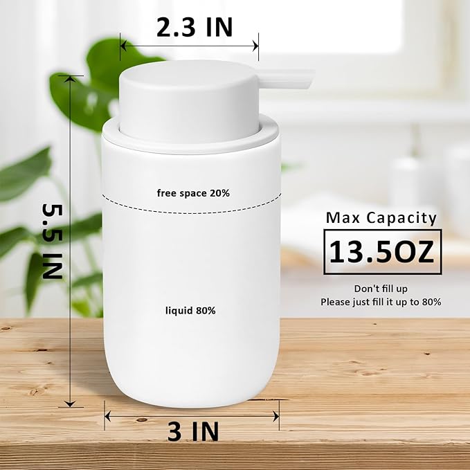 Soap Liquid Dispenser Ceramic with Easy-to-Press Pump Hand Liquid Dispenser (Can't Foam) for Shampoo Bathroom Countertop 13.5 oz