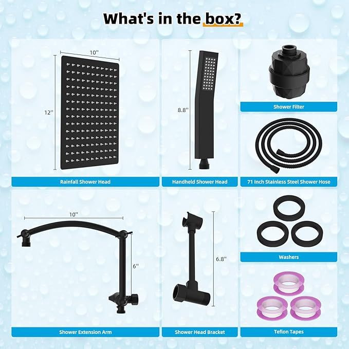 Hibbent All Metal 12'' Filtered Rainfall Shower Head with Handheld Combo, High Pressure Shower Wand, 16'' Adjustable Extension Arm, 20 Stage Shower Filter, 71'' Hose, Shower Holder, Matte Black