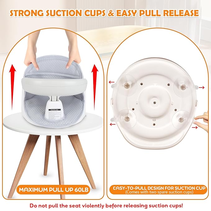 Swivel Baby Bath Seat, Openable Armrest and 360° Rotatable Baby Bath Seat for Babies 6 Months & up, Baby Bath Mat/Rinse Cup/Brush/Baby Shower Cap Included, White