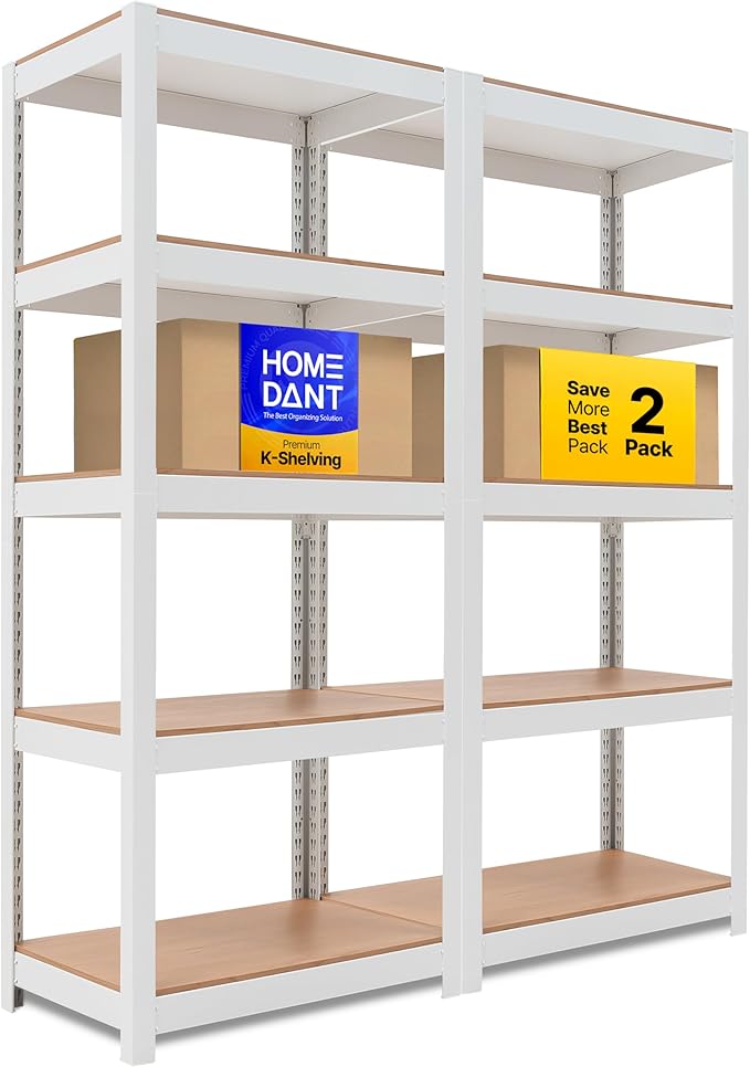 HOMEDANT House 5 Tier Laminated Metal Shelving Unit Adjustable Storage Utility Rack Heavy Duty Shelves Organization Multipurpose Shelf Kitchen Garage Pantry Closet (2, (S) 24.4" W, White)
