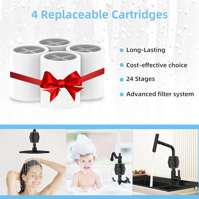 Black Showerhead Filter for Hard Water - 24 Stage Shower Filter Shower Water Filter with 4 Replaceable Filter Cartridges Protects Your Skin and Hair from Chlorine and Heavy Metals in Water