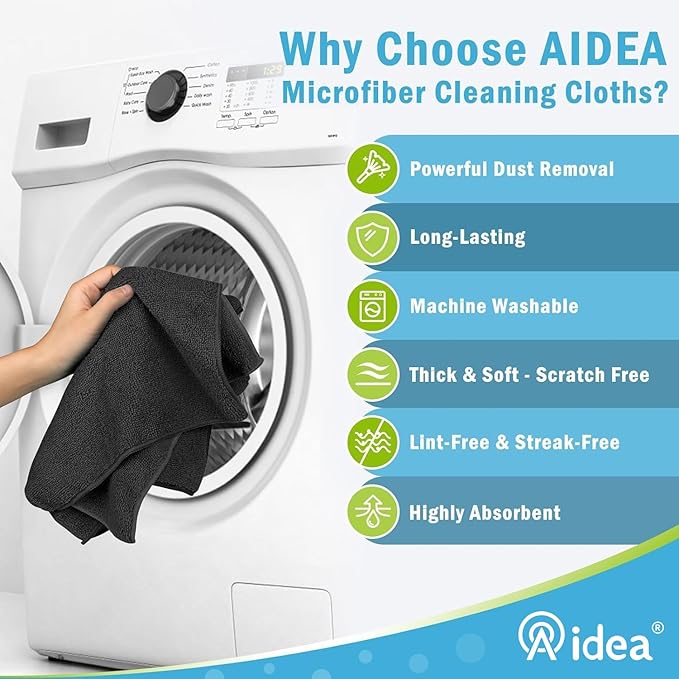 AIDEA Microfiber Cleaning Cloth-8PK, Soft Microfiber Towels for Cars, Absorbent Cleaning Rags, Lint-Free Streak-Free Wash Cloths for House, Kitchen, Window(12in.x16in), Black