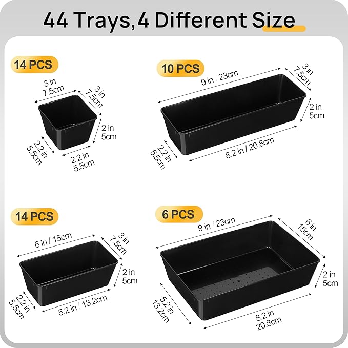 Vtopmart 44 PCS Plastic Drawer Organizers Set, 4-Size Versatile Bathroom and Vanity Organizer Trays, Non-Slip Storage Containers for Makeup, Jewelries, Bedroom，Kitchen Utensils and Office, Black