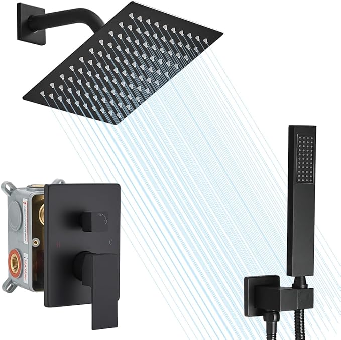Shower Faucet Set Rain Shower System Matte Black with High Pressure 8-Inch Shower Head Handheld Square Shower Head Bathroom Luxury Rain Shower Faucet Shower Complete Combo Kit Wall Mounted