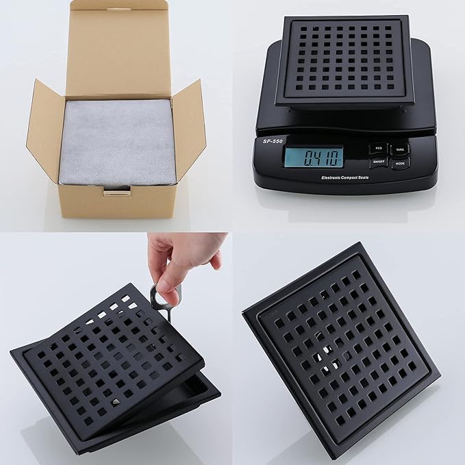 RANDOM Matte Black Square Shower Drain 6 Inch Drain Cover 304 Stainless Steel Floor Drain Grate with Removable Hair Strainer,6" Black Shower Drain