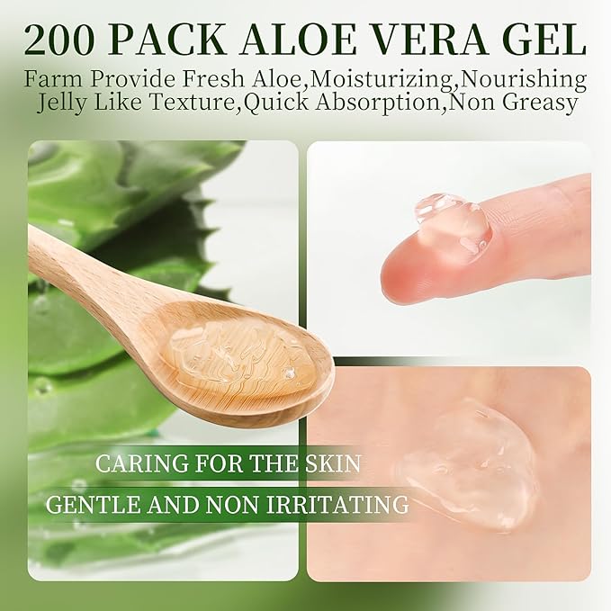 200 Pack Bulk Aloe Vera Gel, 99% Pure Aloe Vera Gel for Face, Hair, Sunburn Relief, Moisturizing Aloe Gel for After Sun Skin Care Relief, Portable Travel Size Aloe Gel Suitable for All Skin Types