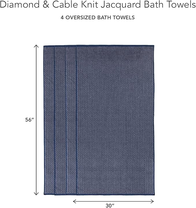 Texere 100% Organic Cotton Jacquard 650 GSM Premium Bath Towel Sets - Extra Absorbent Quick Dry and Plush (Cable, Estate Blue, 4 Bath Towels)