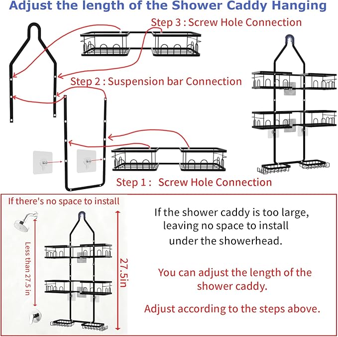 Shower Caddy Hanging Upgraded Adjustable Rustproof Shower Caddy Shower Organizer for Over Handheld or Fixed Shower Heads with Hooks Soap Holder Toothbrush Holder