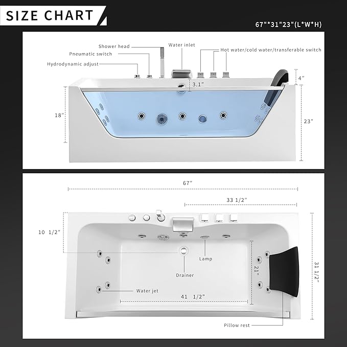 Empava 67 in. Acrylic Alcove Whirlpool Bathtub - Hydromassage Rectangular Jetted Soaking Tub with Center Drain - Waterfall Faucet