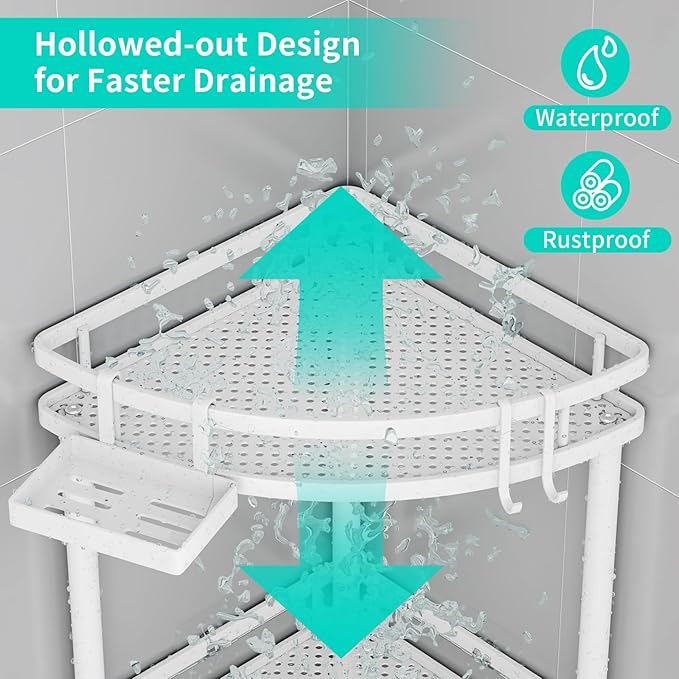 HapiRm Standing Corner Shower Caddy - 4 Tier Shower Organizer Corner with Soap Holder and 4 Hooks, Rustproof Bathroom Storage Shelves with Adhesives, White