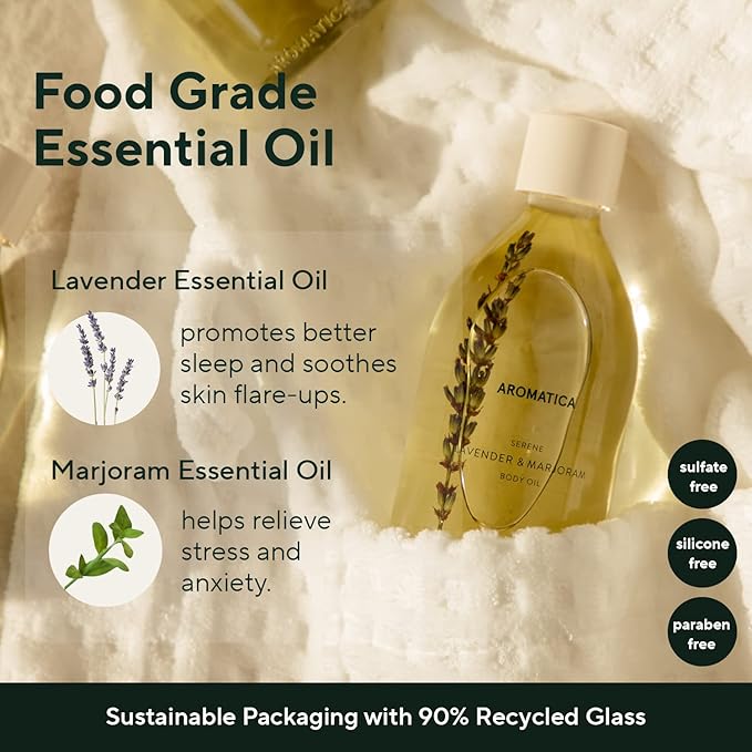 AROMATICA Serene Body Oil Lavender & Marjoram Essential Oil, Aromatherapy Oil, Scented Body Oil, After Shower Natural Oil for Women, Non-Greasy Body Serum, Body Moisturizer for Dry Skin (3.38 fl. oz)