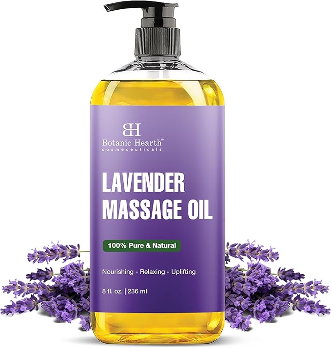Lavender Massage Oil with Pure Lavender Oil (8 Fl Oz) Skin Tightening Massage Oil for Massage Therapy and Instant Absorption for Bum Thighs and Belly by Botanic Hearth