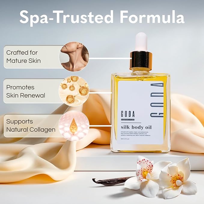 GODA Silk Body Oil Women - Firming Anti Aging Moisturizing Formula, Crepey Skin Hydrating After Shower, Scented Organic Blend Premium Skincare