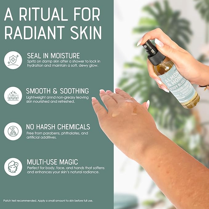 Rinse Bath & Body Almond & Honey Body Oil Moisturizer Spray - Natural Lightweight Fast Absorbing with Squalane, Grapeseed, Apricot & Vitamin E Oil for All Skin Types, 4 fl oz