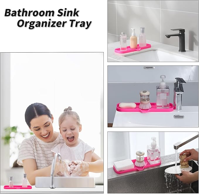 Silicone Bathroom Soap Dishes with Drain Spout-Bathroom and Kitchen Sink Organizer,Sponge Holder,Dish Soap Tray,Perfect for Dispenser,Scrubber,Bottle,Cup on Sink or Counter-Rose 12"×4"