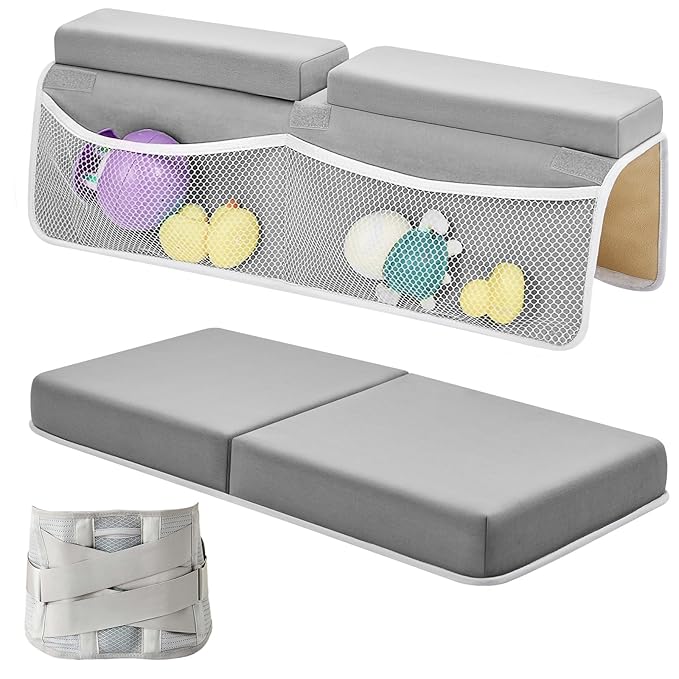 IFNOW Baby Bath Kneeler and Elbow Rest Pad Set- 26'' Extra Long and 2.4'' Thick- with Back Brace，Quick Dry Kneeling Pad for Bathing Baby with Knee & Arm Support, Non-Slip Bathtub Mat with Organizer