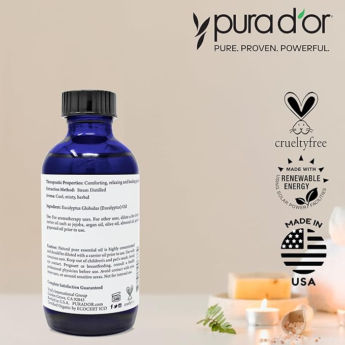 PURA D'OR Organic Eucalyptus Essential Oil (4oz with Glass Dropper) 100% Pure & Natural Therapeutic Grade for Hair, Body, Skin, Aromatherapy Diffuser, Relaxation, Massage, Home, DIY Soap