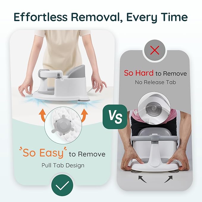 Baby Bath Seat Baby Bathtub - with Strong Suction Cups and 360° Surround Support – Easy Release, Non-Slip Cushion, Lockable Armrests – Infant Bath Chair for Babies 6-24 Months, Grey