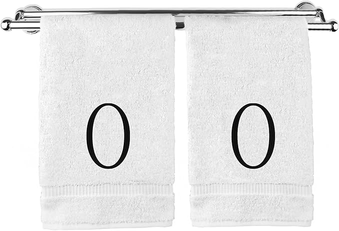 Monogrammed Hand Towel, Personalized Initial Gift, Extra Absorbent 100% Turkish Cotton - Soft Terry Finish - Set of 2 - Black Block Initial O - Embroidered on White Towels