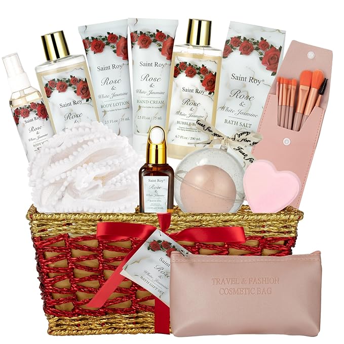 Christmas Gifts for Women - 21-Piece Luxury Rose & Jasmine Spa Gift Basket Set Bath and Body Gift Sets Care Kit with Make up sponge | Valentine's Day, Mothers Day Gifts Baskets for Mom, Wife