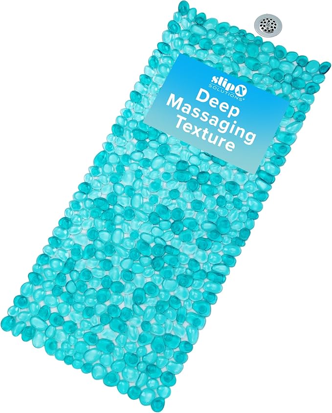SlipX Solutions Non Slip Pebble Bath Mat for Shower & Bathtub 38x17 | River Rock Look | Accupressure | Massage Bath Mats for Tub | 188 Suction Cups | Machine Washable, Aqua Pebbles