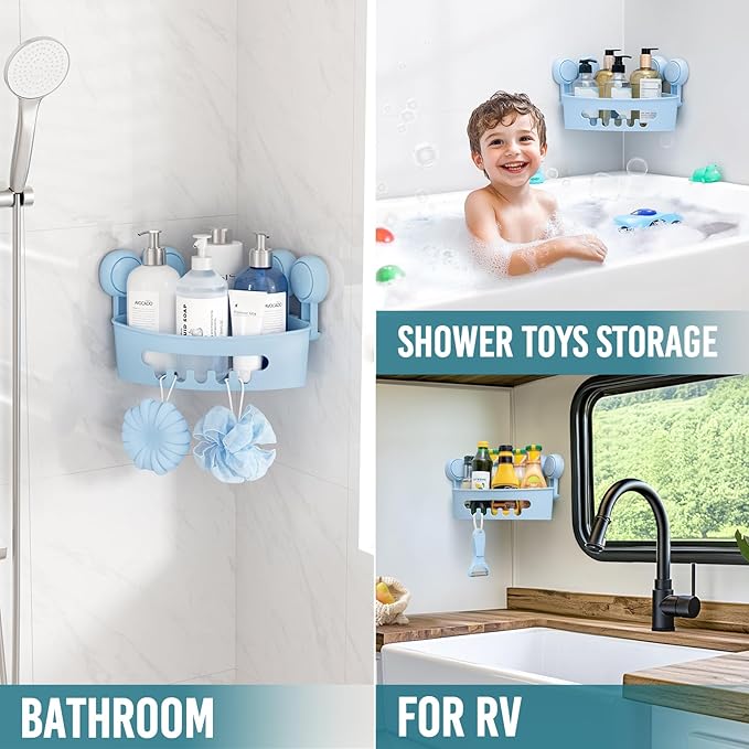 TAILI Corner Shower Caddy with Suction Cups, Wall Mounted Organizer Plastic Rack for Small Bathrooms, Kitchen, Removable Drill-Free Heavy Duty Shelf Basket, BLUE