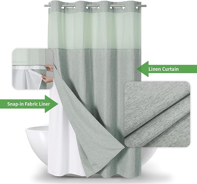 Stall No Hooks Needed Linen Textured Shower Curtain with Snap-in Fabric Liner Set,Hotel Luxury Decor Farmhouse Shower Curtains for Bathroom,Waterproof & Washable,54Wx80H,Sage Green