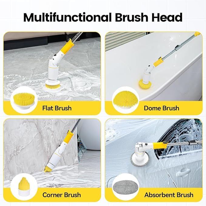 Electric Spin Scrubber, Cordless Cleaning Brush Shower Scrubber Up to 550 RPM with 9 Replaceable Brush Heads, Bathroom Scrubber Adjustable Extension Handle for Bathroom Kitchen Car (Yellow)