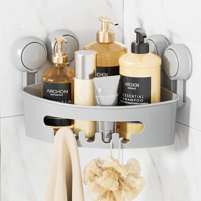 LEVERLOC Corner Shower Caddy Suction Cup, Shower Caddy Basket Powerful Suction Bathroom, Waterproof & Rustproof Organizer for Bathroom Storage, No-Drilling Removable (Grey)