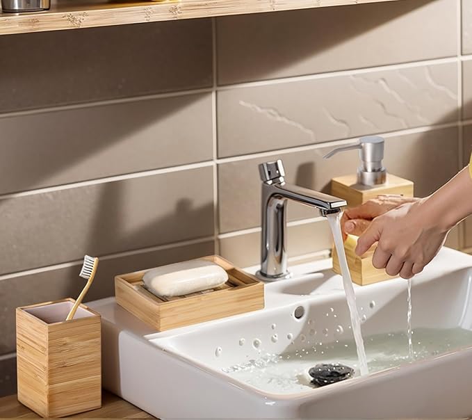 Bamboo Bathroom Accessories Set, 3 Pcs Wood Bathroom Accessories Soap Dispenser, Toothbrush Holder, Soap Dish, Kitchen Soap Dispenser Set for Home Decor, Housewarming Gift