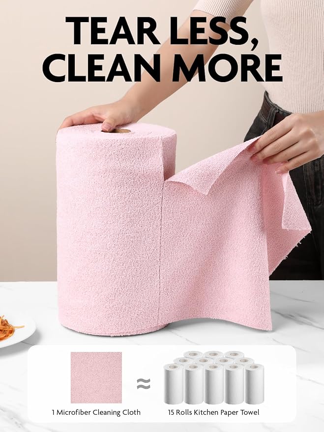 Fantasticlean Microfiber Cleaning Cloth Rolls -150 Pack, Tear Away Microfiber Towels, 12" x 12", Reusable, Washable, Ultra Absorbent Dishcloth for Home Supplies, Car, Pet, Kitchen (Pink & Lavender)