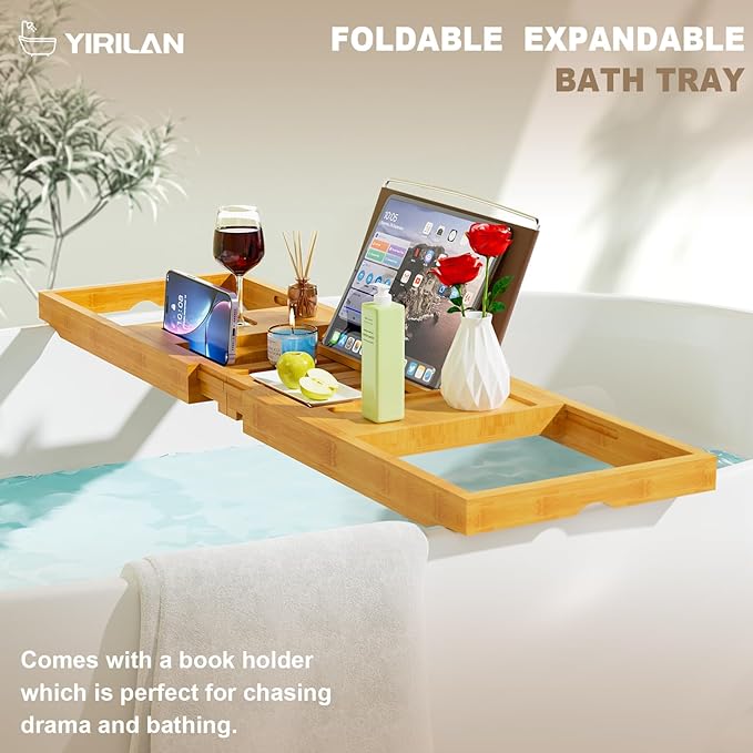 Yirilan Bathtub Trays for Tub,Bath Tray, Foldable Bathtub Caddy,Bamboo