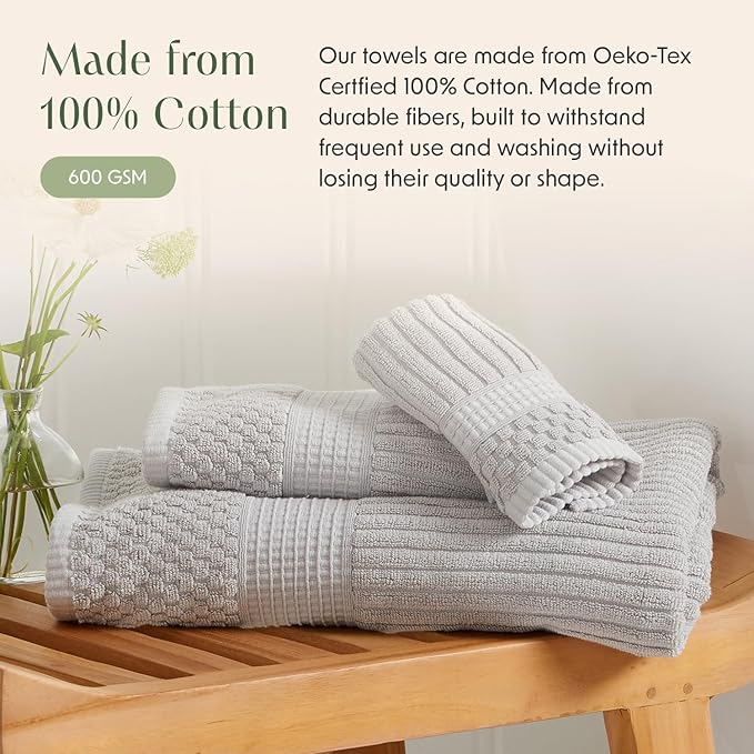 Springtree Home 100% Cotton Bath Towel Set of 4 | Super Soft & Absorbent with Quick-Dry Fibers | 4 Bath Towels | Textured and Durable Cotton | Krista Collection - High Rise Grey