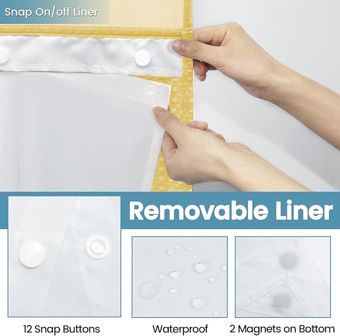 Yellow No Hook Shower Curtain with Snap in Liner,230GSM Waffle Weave Shower Curtains for Bathroom,71W x 74H