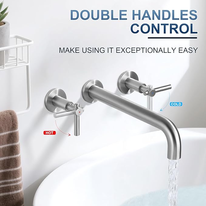 ALEASHA Wall Mount Tub Filler Tub Faucet High Flow Bathtub Faucets Two Handles Solid Brass, 12" Long Spout Reach, Brushed Nickel